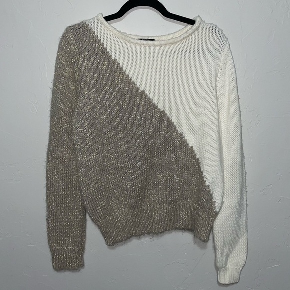 Raoul Wool Chunky Knit Metallic Gold Cream Crew Neck Sweater - Picture 1 of 5